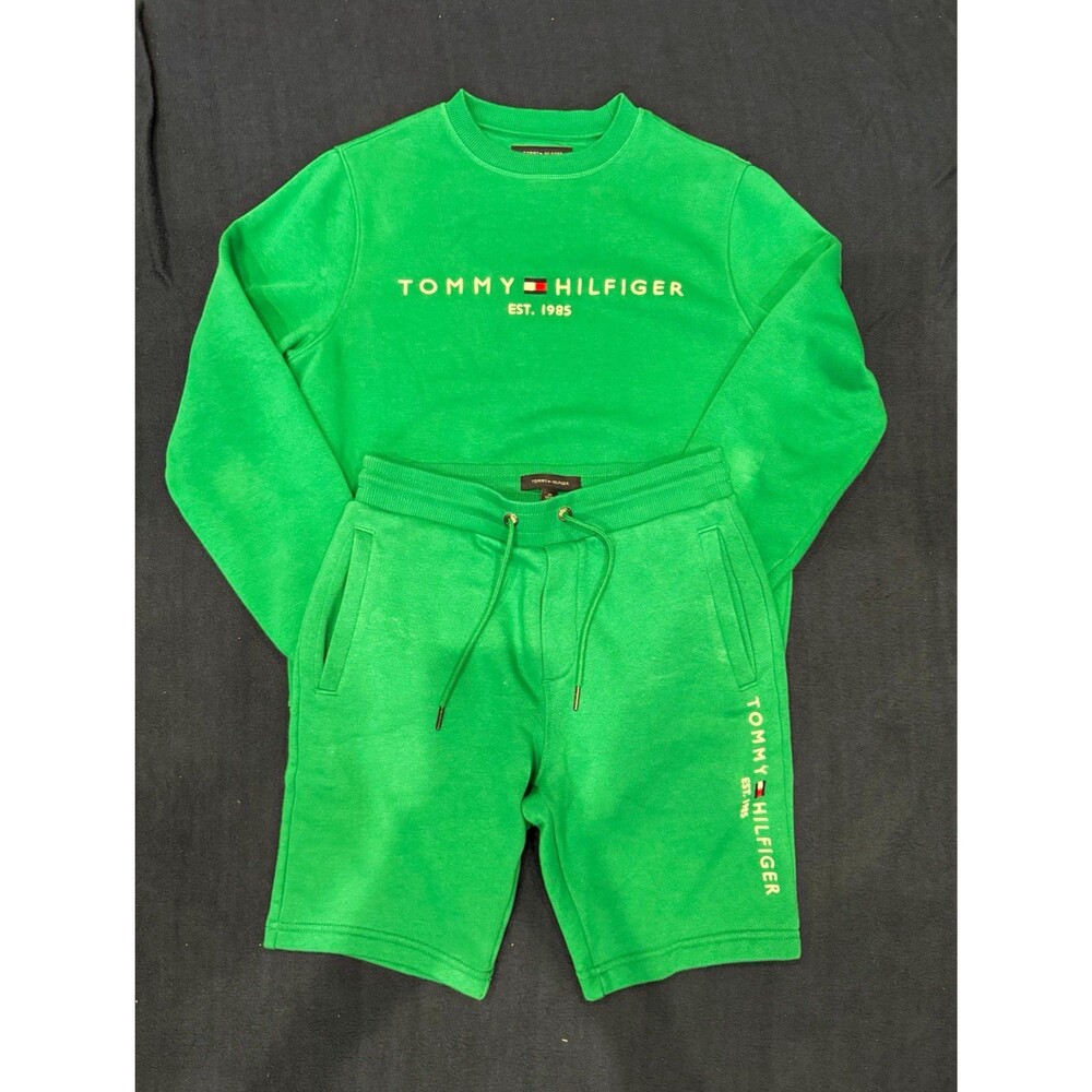 Tommy Hilfiger Mens Crewneck Sweatshirt & Shorts Logo Green Fleece Set Size XS